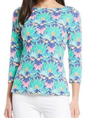 J. McLaughlin Wavesong Tee Top in Navy Floral Butterfly Print | Women’s Size S